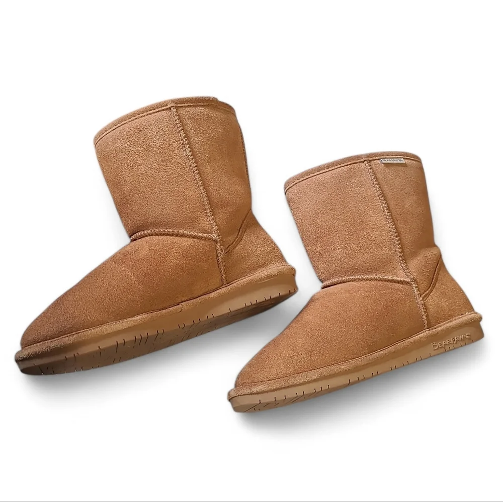 Bearpaw Emma Sheepskin Suede Short Boots Chestnut Youth 5 Wide Women's 6.5 Wide